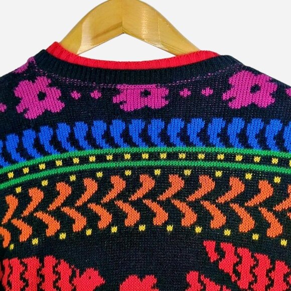 Vintage 80s Pandora Sweater Bright Bird Floral Knit Colorful Jumper l Medium - Picture 4 of 8